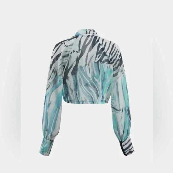 Printed Lantern Sleeve Twist Hem Shirt And Asymmetric Fringe Skirt Set NWT | L - Picture 3 of 10